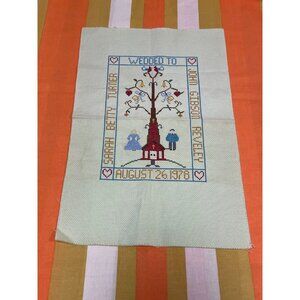 Vintage 1978 Needlepoint Canvas Wedding Sampler 11.5 x 17.5 Bride Groom